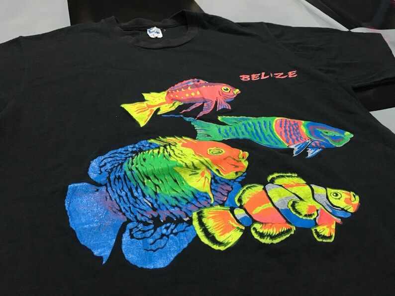 vintage 80s belize t shirt tropical fish neon color printed single stitch made in belize upizw