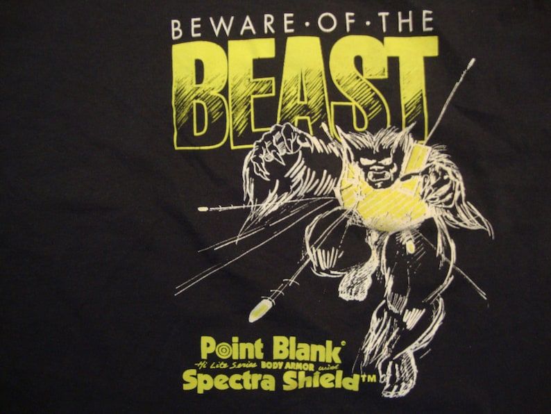 Vintage 80S Beware Of The Beast Point Blank The Lite Series Body Armor With Spectra Shield Black T Shirt