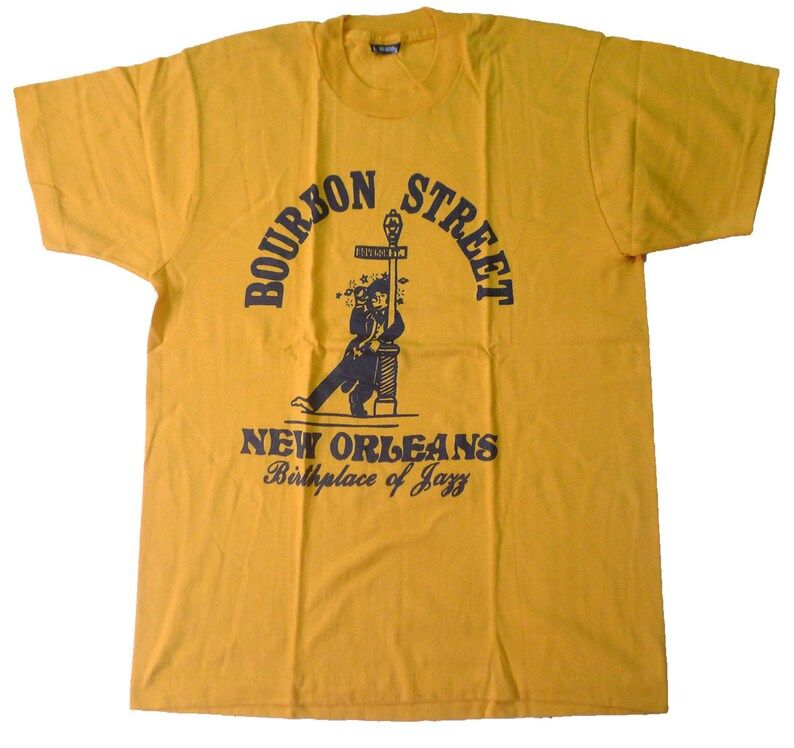 Vintage 80S Bourbon Street New Orleans Birthplace Of Jazz Yellow T Shirt