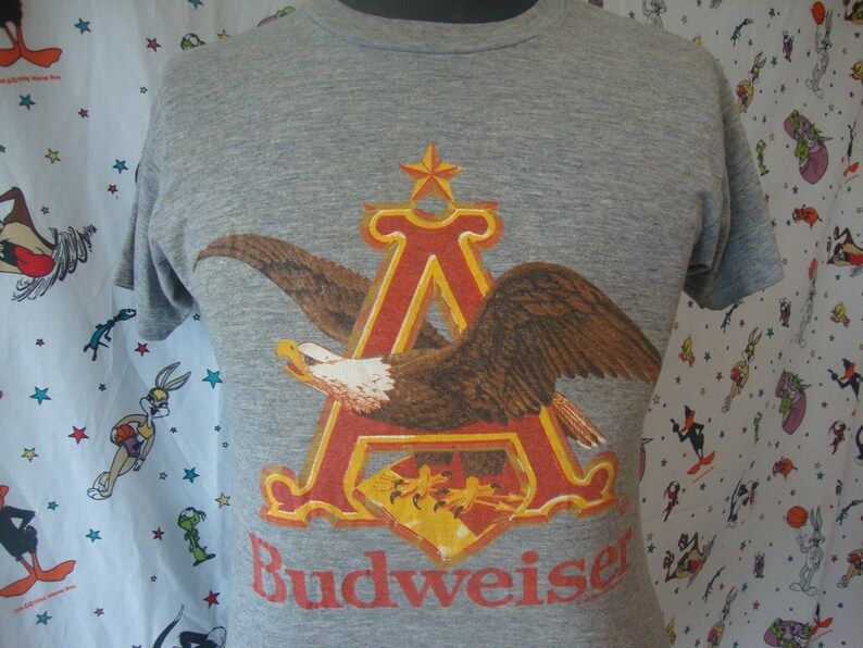 Vintage 80S Budweiser Beer Gray Rayon Tri Blend T Shirt Fits