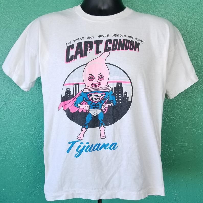 Vintage 80s Captain Condom Tijuana Mexico Funny Weird Unique Shirt