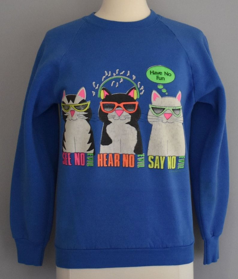 Vintage 80S Cat Sweatshirt 1980S See Speak Hear No Evil Raglan Shirt Grandmacore Size Small To Medium