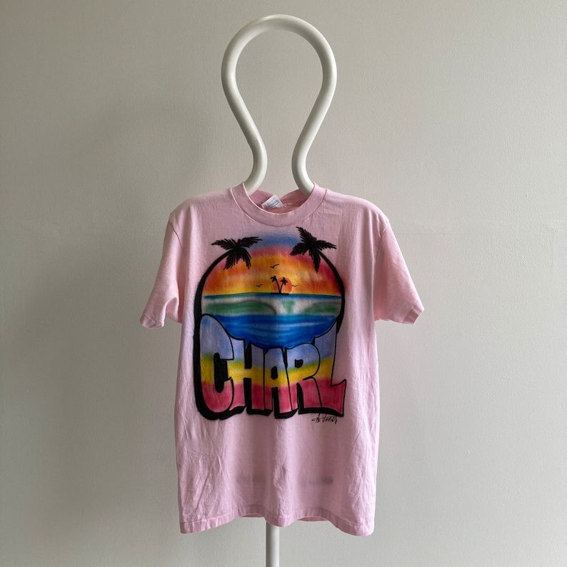 Vintage 80S Charl Celebrity Couple Name Airbrushed Beach Scene Pink T Shirt