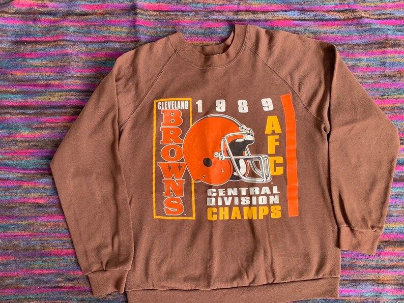Vintage 80S Cleveland Browns Division Champs Crewneck Sweatshirt On Trench Label Broken In Distressed