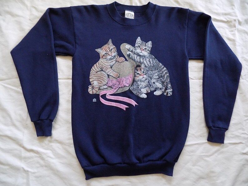 Vintage 80S Cute Kitties Pullover Sweatshirt Crew Neck Size Small Animal Print