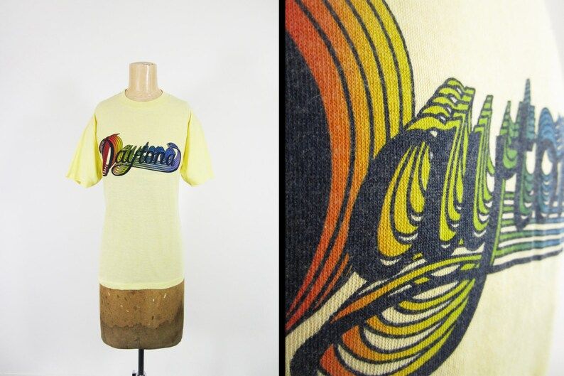 Vintage 80S Daytona T Shirt Yellow Made In Usa Retro Rainbow