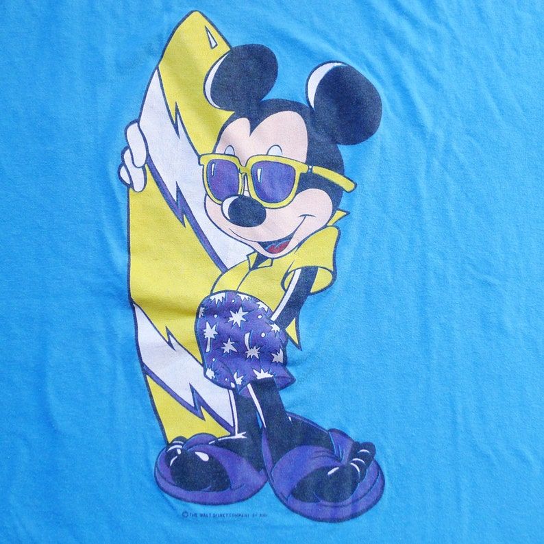 Vintage 80S Disney Surfing Mickey Mouse Blue T Shirt