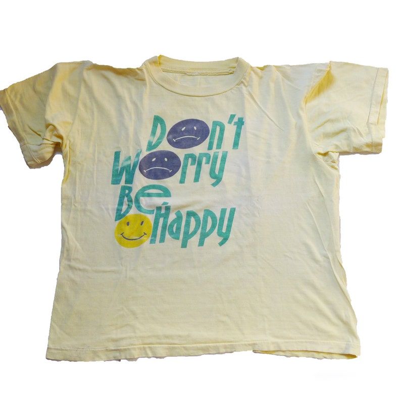 Vintage 80S Dont Worry Be Happy Yellow Statement T Shirt