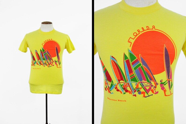 Vintage 80S Florida T Shirt Daytona Beach Windsurfer Yellow Neon