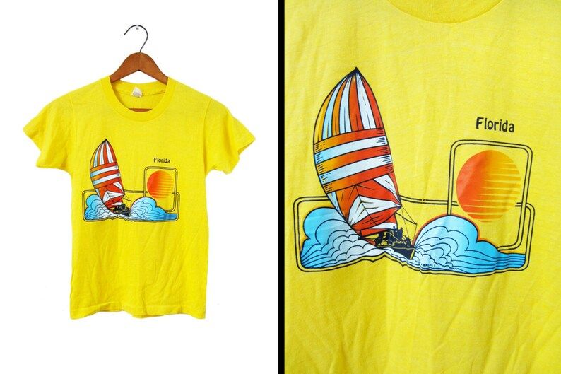 Vintage 80S Florida T Shirt Sailboat Retro Yellow Windsurfer
