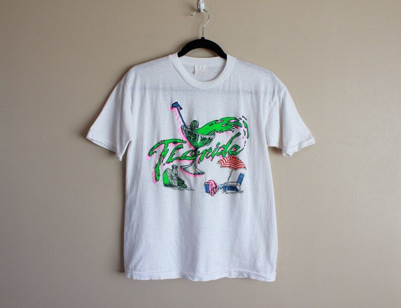 Vintage 80S Florida T Shirt White With Neon Slime Green Margarita Arge Single Stitch Summer Time Vacation Tee