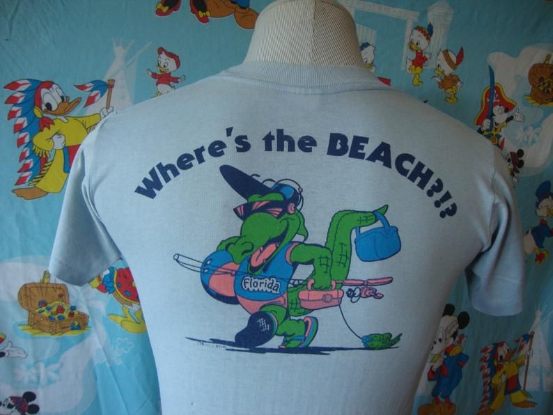 Vintage 80'S Florida Where'S The Beach Alligator Light Blue Tee Tourist Shirt