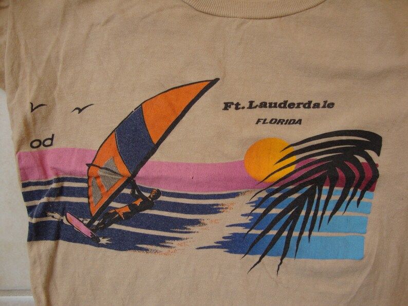 Vintage 80S Ft Lauderdale Florida Od Tourist Souvenir Surfing Beige T Shirt
