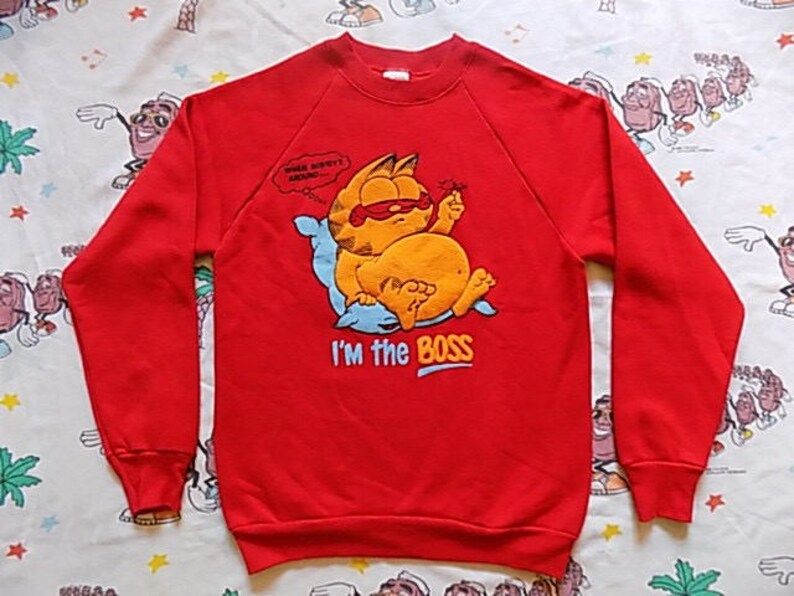 Vintage 80S Garfield Im The Boss Pullover Sweatshirt Size Small Super Soft Cartoon Puffy Graphic