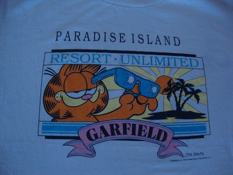 Vintage 80S Garfield The Cat Paradise Island Resort Vacation Tourist Punk Rock T Shirt Adult