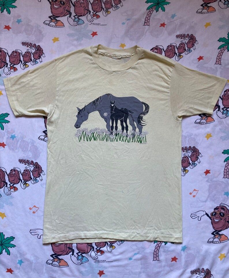 Vintage 80S Grazing Ponies T Shirt Edium Soft And Thin