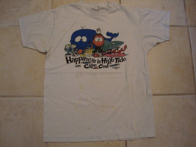 Vintage 80S Happiness Is High Tide On Cape Cod Sea Creatures White T Shirt