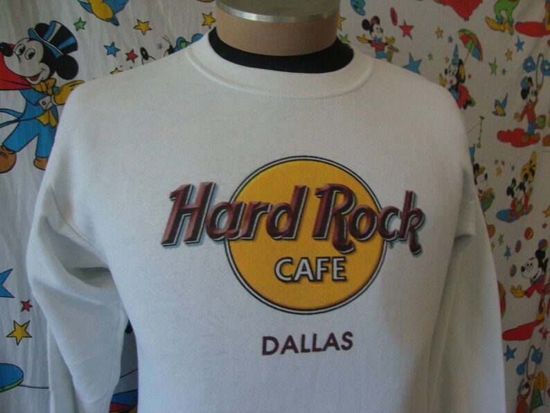 Vintage 80S Hard Rock Cafe Dallas Texas White Crew Neck Sweatshirt