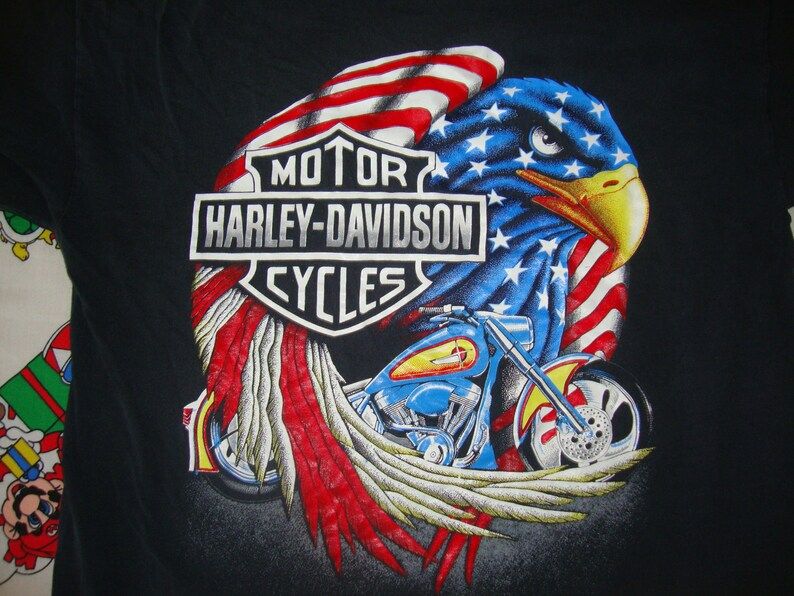 Vintage 80S Harley Davidson Motorcycle Biker Trucker Black Eagle American Flag 4Th Of July T Shirt