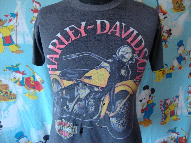 Vintage 80S Harley Davidson Motorcycle Tee Soft Paper Thin Burnout Faded Black Biker T Shirt Medium