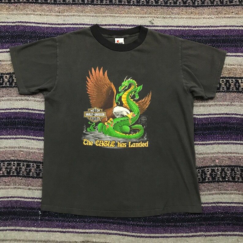 Vintage 80S Harley Davidson Shirt Eagle Dragon Graphic Tee Biker Motorcycle Harley T Shirt Mens M L Distressed Faded Black