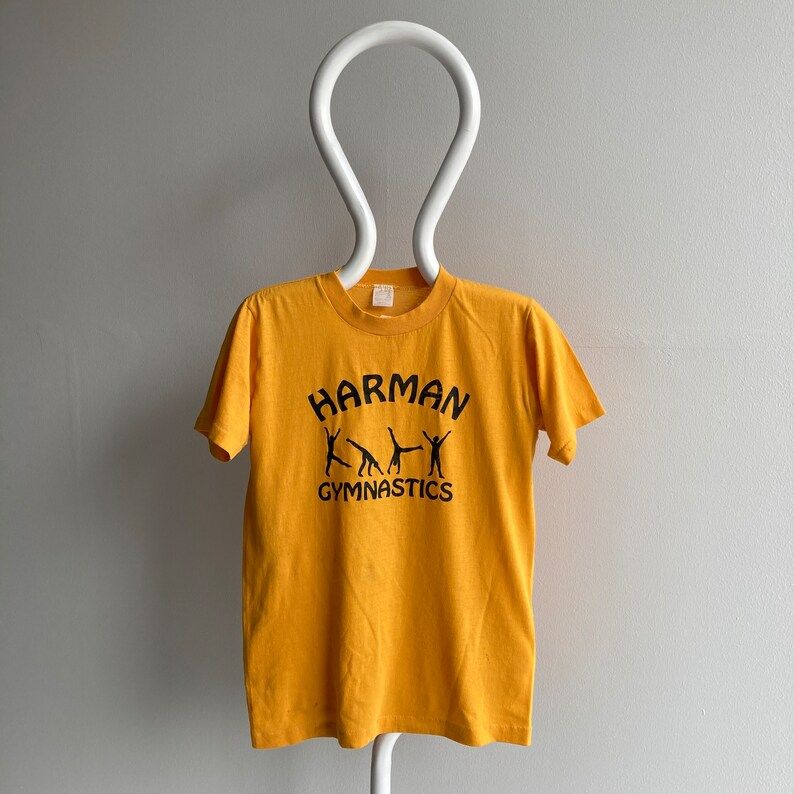 Vintage 80S Harman Gymnastics T Shirt Mustard Yellow Stains
