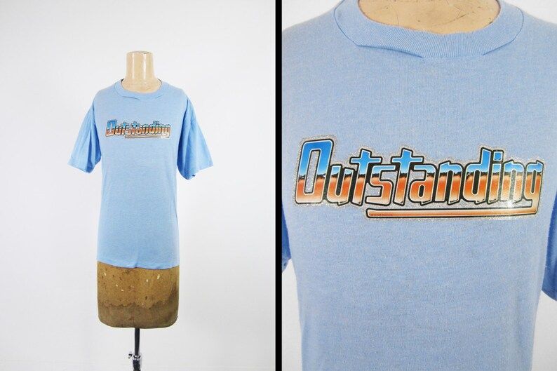 Vintage 80S Iron On Graphic T Shirt Outstanding Sky Blue Made In Usa