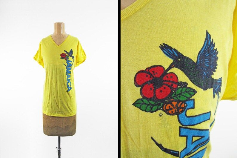 Vintage 80S Jamaica Tank Top Shirt Paper Thin Yellow V Neck Hummingbird T Shirt