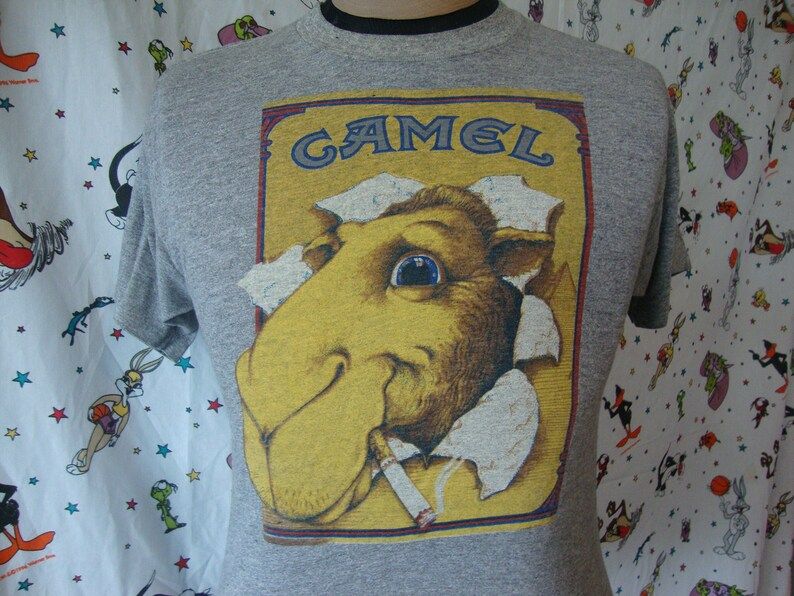 Vintage 80S Joe Camel Cigarettes Advertisement Gray Soft Paper Thin Rayon Tri Blend T Shirt Short Sleeve 1980S Collectible