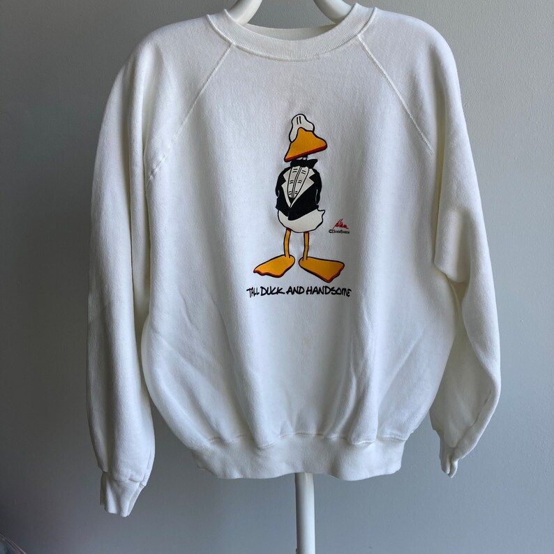 Vintage 80S John Baron Tall Duck And Handsome Stained Graphic Cartoon Sweatshirt