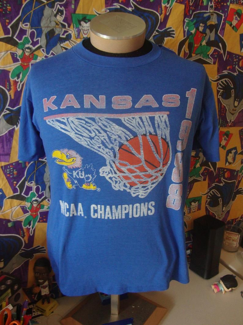 Vintage 80'S Kansas University Jayhawks Basketball 1988 National Championships Paper Shirt
