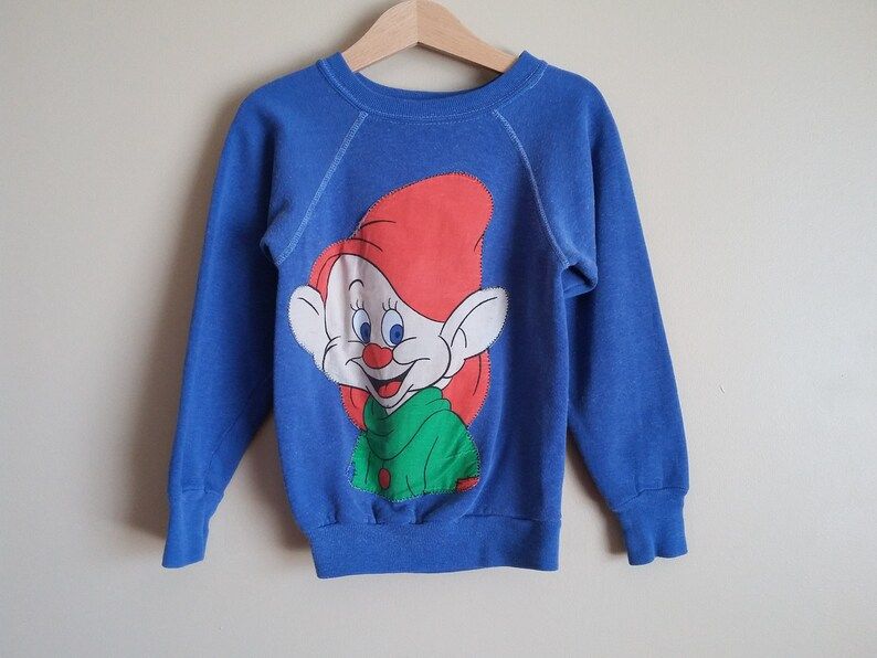Vintage 80S Kids Blue Dopey Snow White And The Seven Dwarfs Sweatshirt Poly Cotton Blend Disney Cute Applique