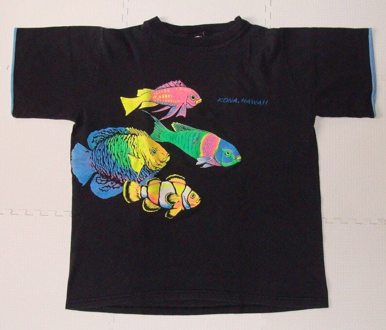 Vintage 80S Kona Hawaii Neon Fish Print Black T Shirt