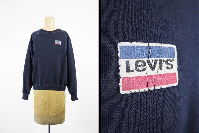 Vintage 80S Levis Sweatshirt Raglan Navy Blue Made In Usa Pullover