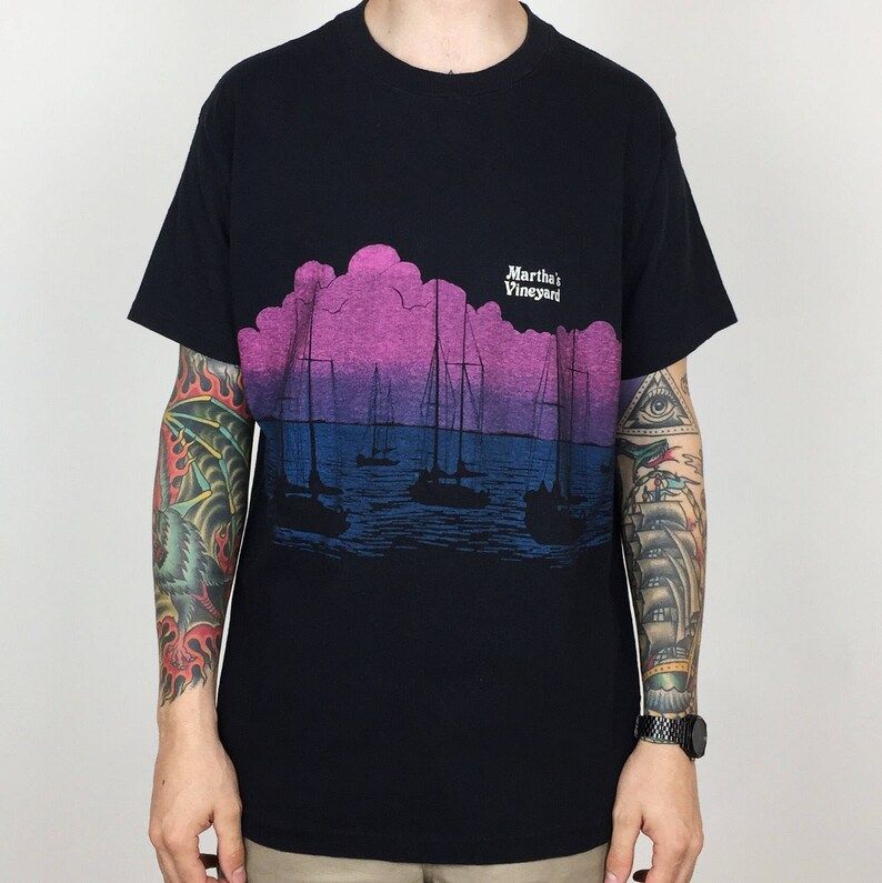 Vintage 80S Marthas Vineyard Black Single Stitch Wrap Around Graphic Souvenir Travel Tee T Shirt