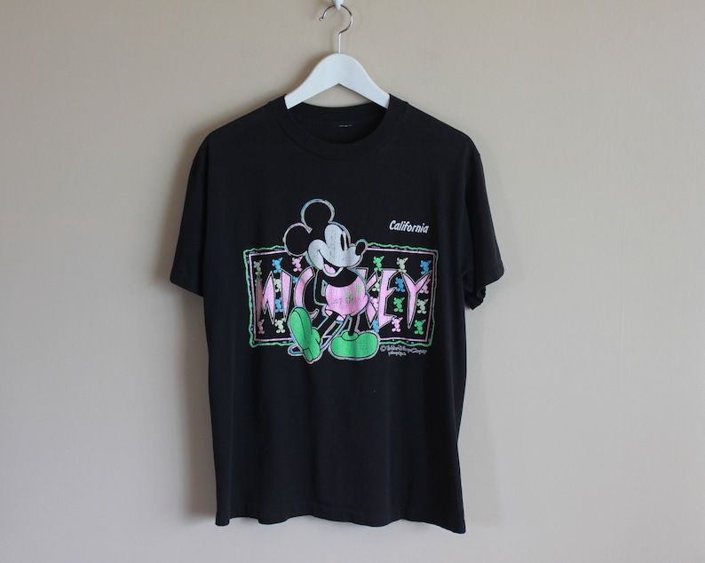 Vintage 80S Mickey Mouse California Black T Shirt Thin Soft Perfectly Worn Walt Disney Company Single Stitch Cute Disney Rg