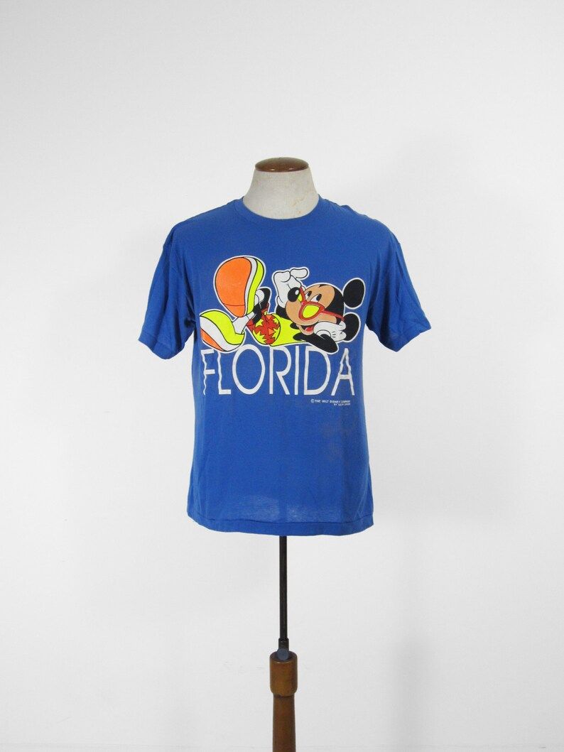 Vintage 80S Mickey Mouse T Shirt Flordia Blue Distressed Soft And Thin
