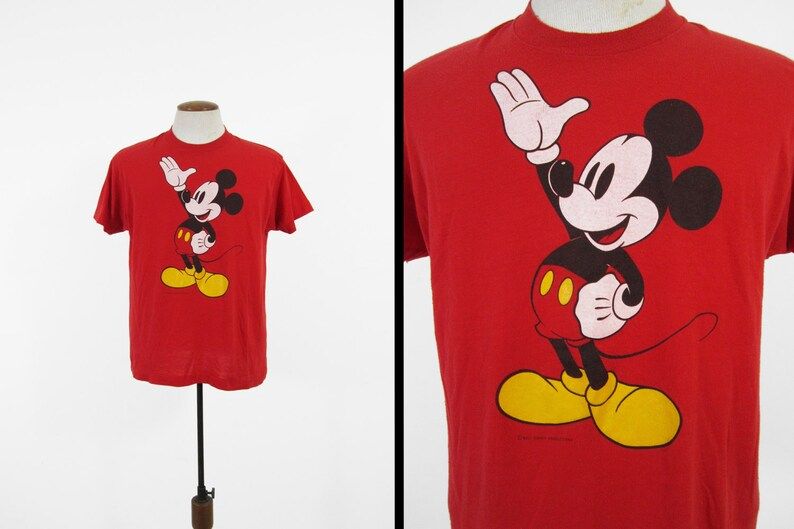 Vintage 80S Mickey Mouse T Shirt Red Worn And Faded 5050 Made In Usa