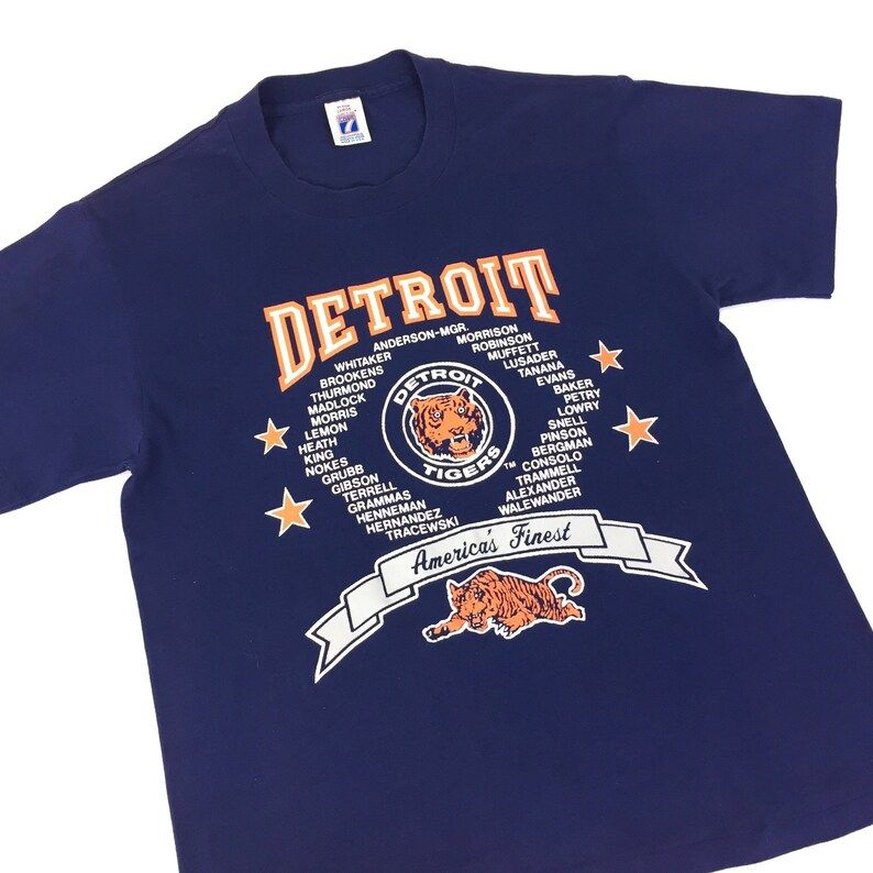 Vintage 80S Mlb Detroit Tigers Logo 7 Navy Blue Single Stitch Made In Usa Baseball Graphic Tee T Shirt
