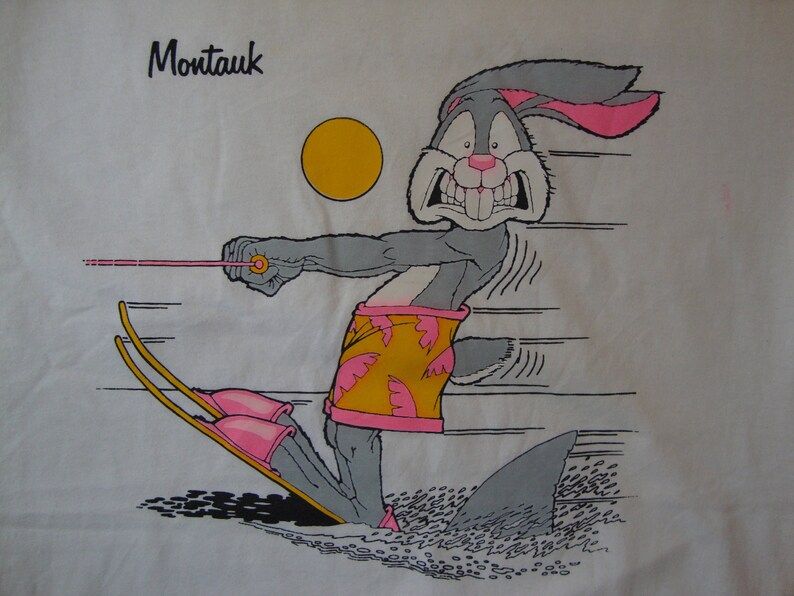Vintage 80S Montauk Water Skiing Rabbit Tourist Souvenir White T Shirt
