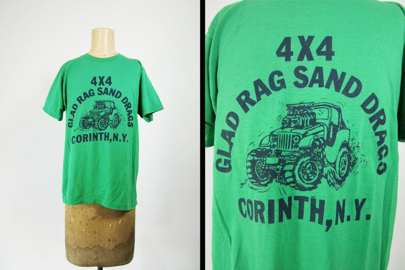 Vintage 80S Mud Racing T Shirt 4X4 Glad Rag Sand Drags Corinth Ny Green