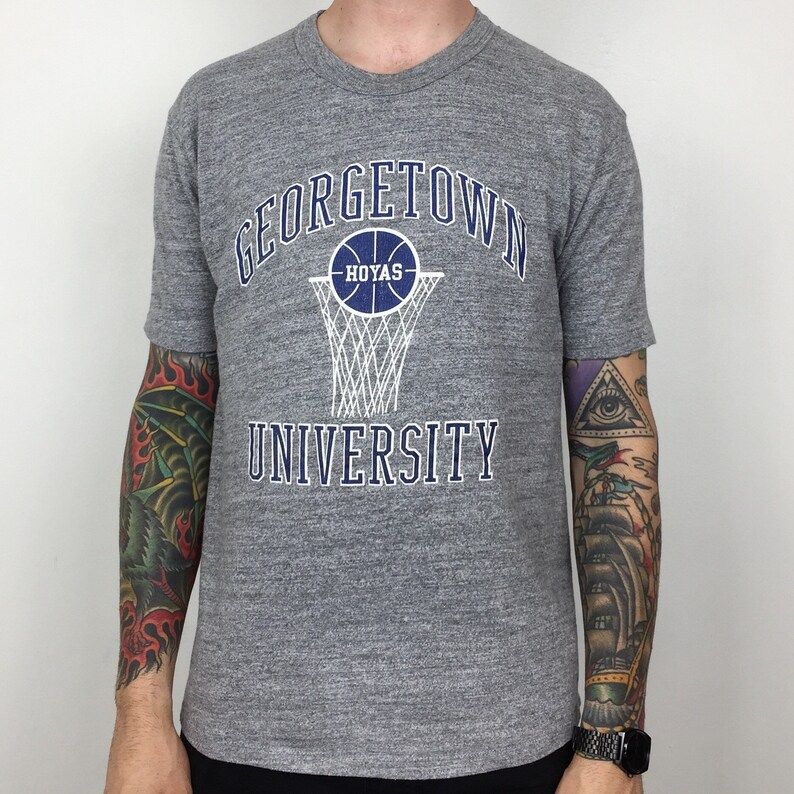 Vintage 80S Ncaa Georgetown University Hoyas Basketball Velva Sheen Heather Grey Single Stitch College Graphic Tee T Shirt