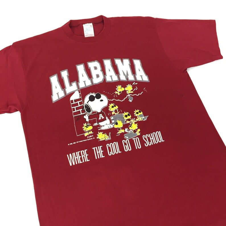 Vintage 80S Ncaa University Of Alabama Crimson Roll Tide Artex Snoopy Single Stitch Made In Usa College Graphic Tee T Shirt