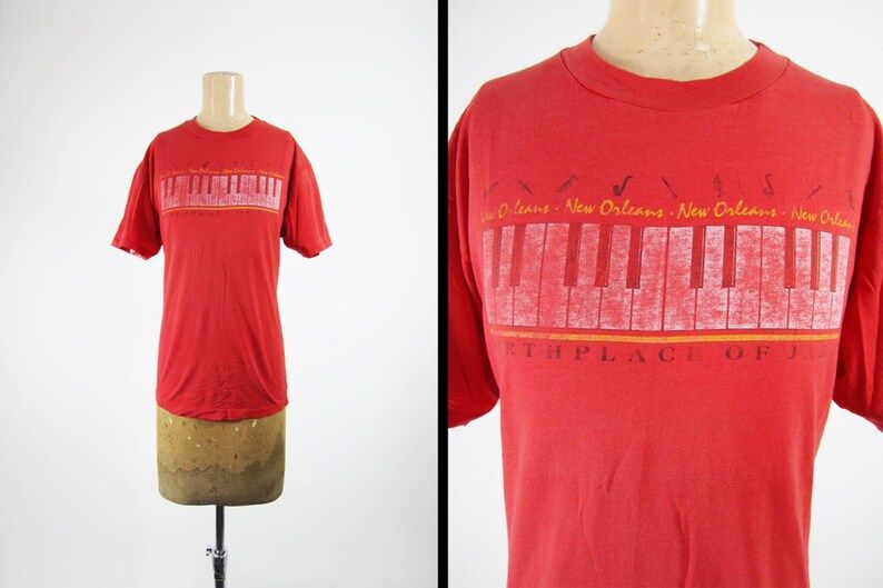 Vintage 80S New Orleans Jazz T Shirt Red Faded Crewneck Made In Usa