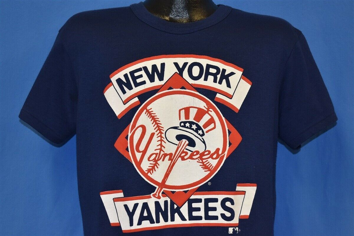Vintage 80S New York Yankees Top Hat Logo Bat Mlb Blue Garan Shirt Baseball L vintage 80s new york yankees top hat logo bat mlb blue garan shirt baseball l once0