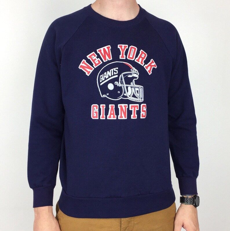 Vintage 80S Nfl New York Giants Made In Usa Raglan Navy Blue Pullover Crewneck Football Graphic Sweatshirt