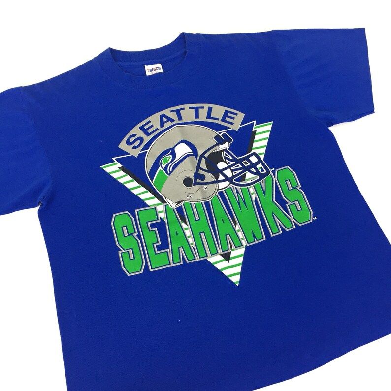 Vintage 80S Nfl Seattle Seahawks Trench Mfg Blue Single Stitch Football Graphic Tee T Shirt Shirt