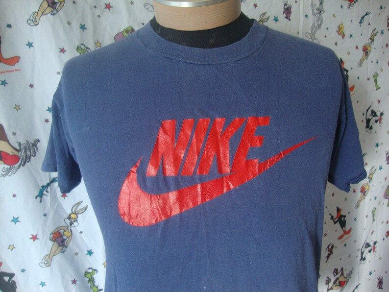 Vintage 80S Nike Made In Usa Navy Blue Red Swoosh White Orange Swoosh Tag 100 Cotton Tee T Shirt Fits