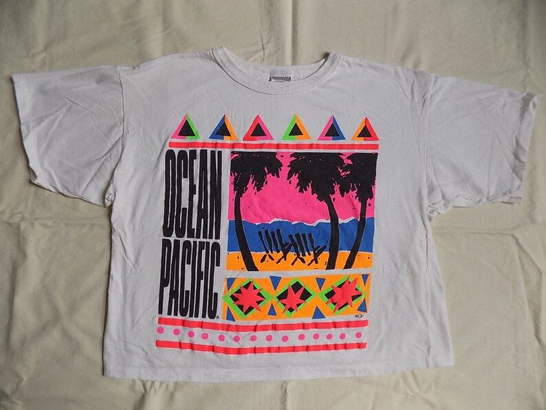 Vintage 80S Ocean Pacific Neon Beach Crop Top T Shirt Adies M L Belly Shirt Abstract