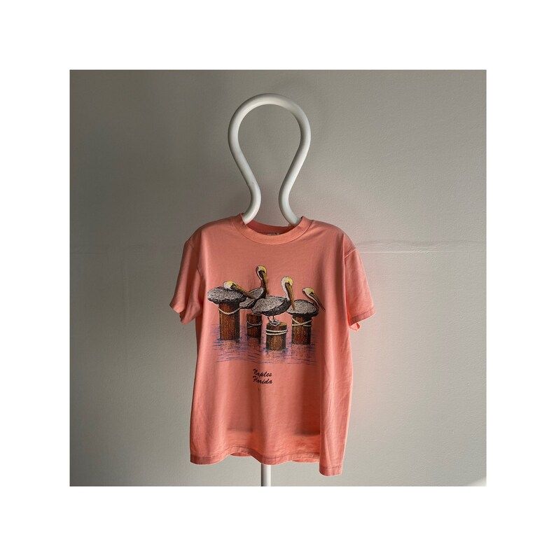 Vintage 80S Pelican Florida Tourist T Shirt Peach Colored W Stains